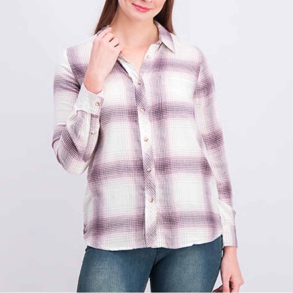 Melloday Ladies' Flannel Button-Up Shirt Purple Plaid Size MP